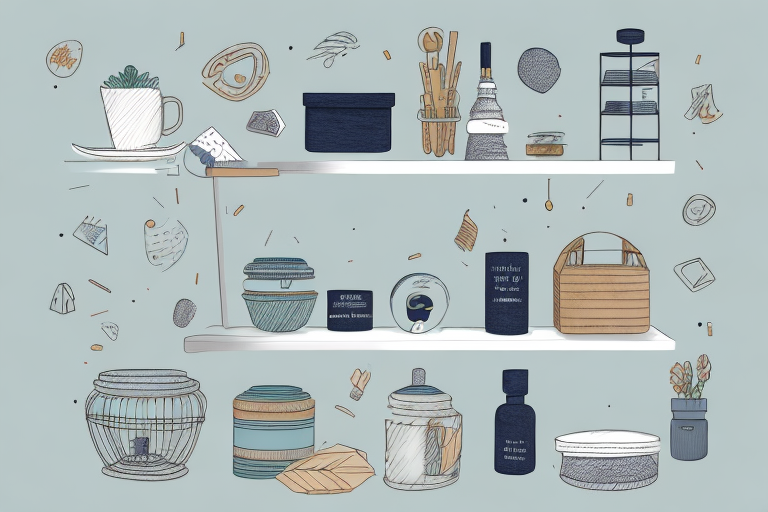 A retail store shelf with a variety of home goods products in their packaging