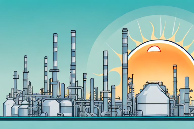 A petroleum refinery with a sun setting in the background