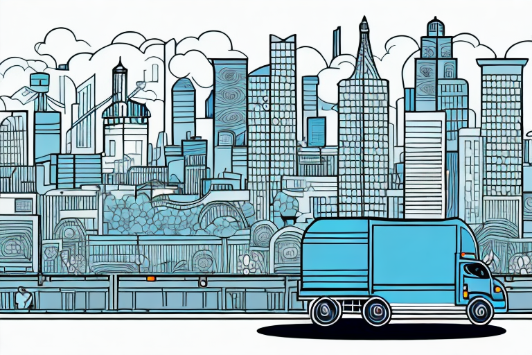 A freight truck driving through a cityscape with a senior citizen in the foreground
