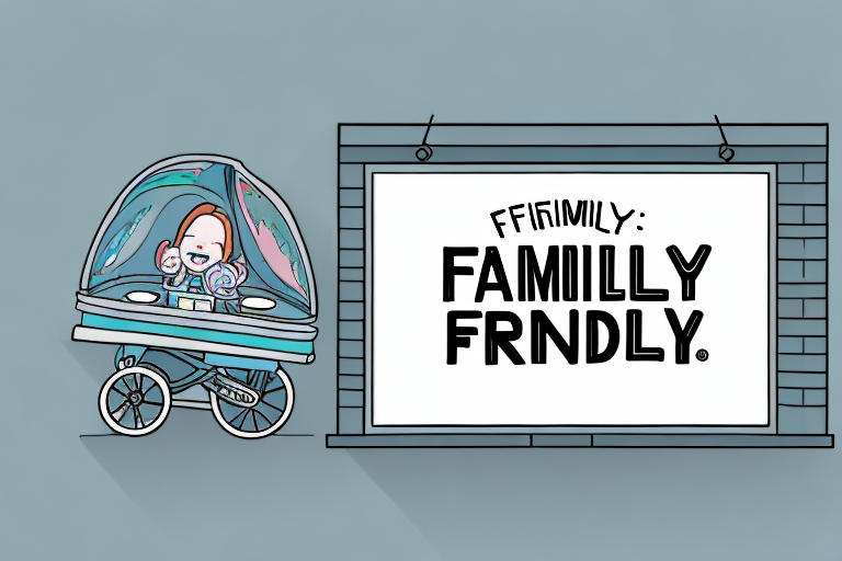 A small business storefront with a sign that reads "family friendly" and a stroller parked outside