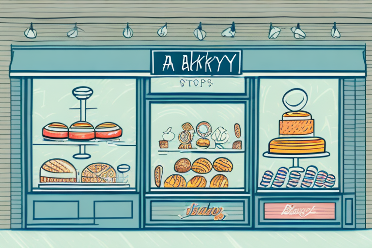 A bakery products business with a colorful storefront and a variety of products in the window