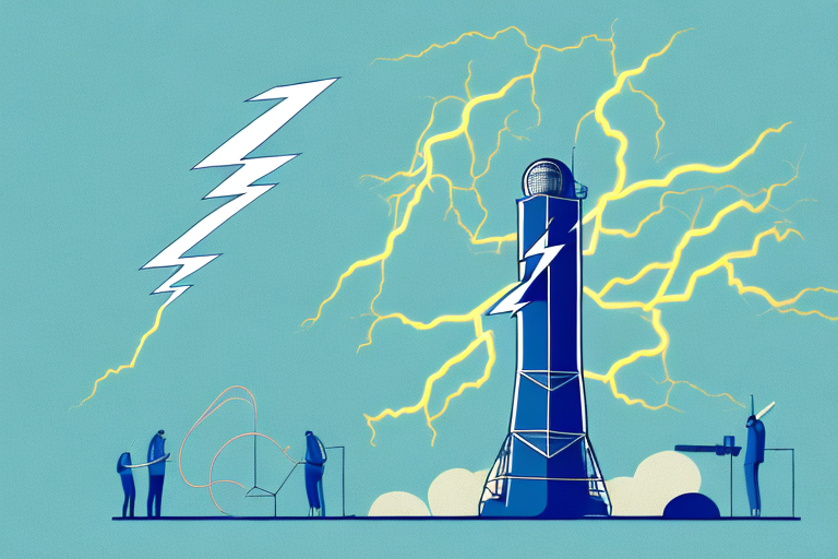 A radio broadcasting tower with a lightning bolt striking it