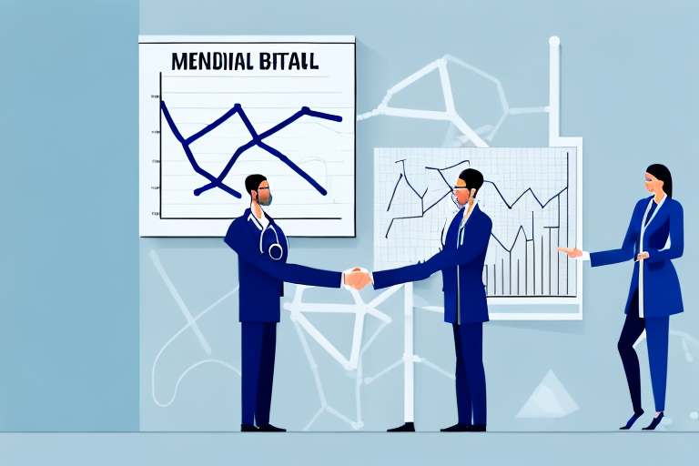 A medical professional and an investment banker shaking hands in front of a graph showing the success of the investment banking business