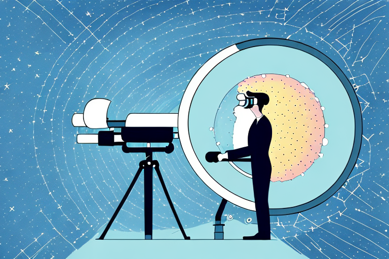 A scientist looking through a telescope at a star-filled sky