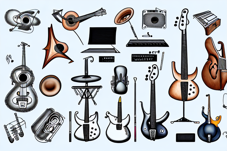 A music production and distribution business featuring a variety of musical instruments and equipment
