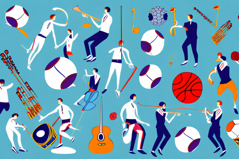 A sports team or club with musical instruments in the background