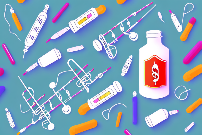 A colorful musical instrument with a pharmaceutical bottle in the background
