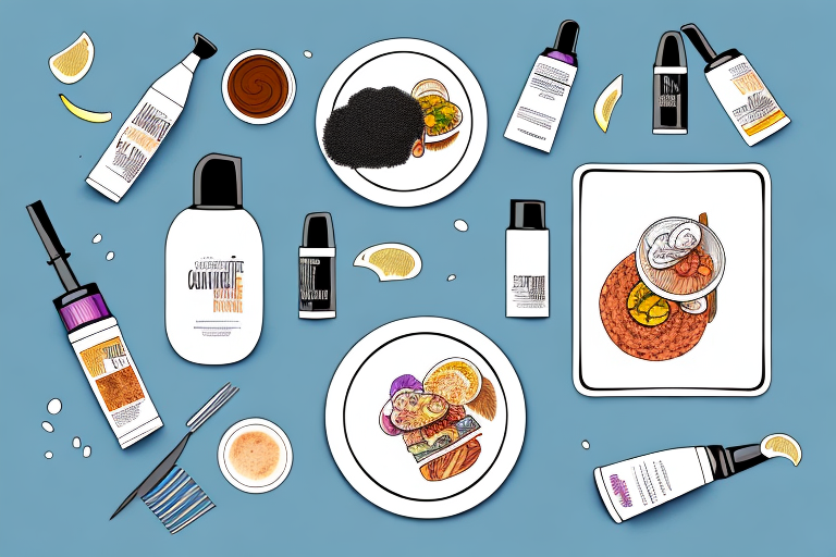 A hair care product bottle with a plate of food in the background