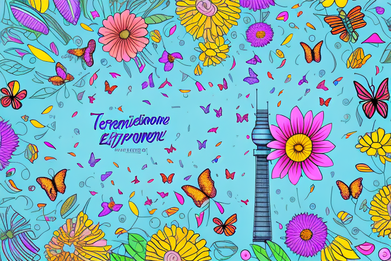 A telecommunications tower surrounded by a vibrant array of colorful flowers and butterflies