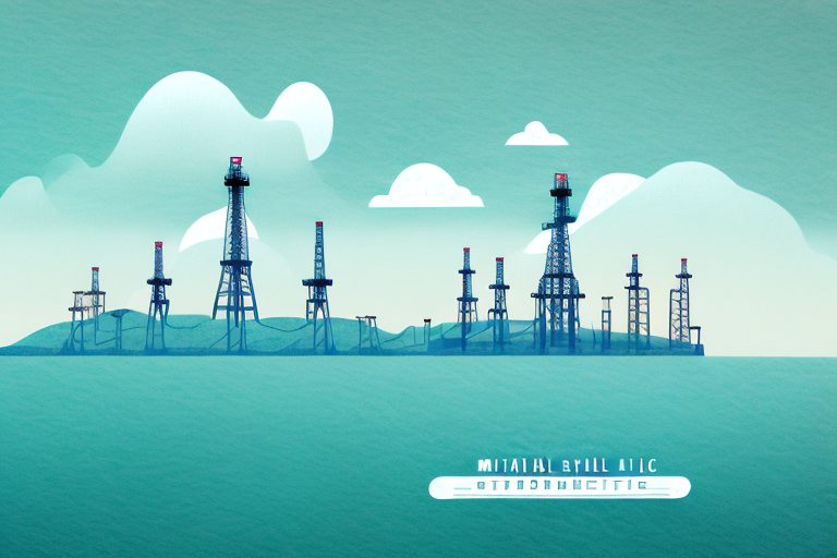 A landscape with oil rigs and natural beauty elements