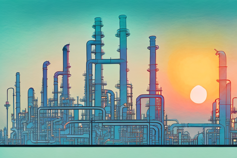 A refinery with a sunset in the background