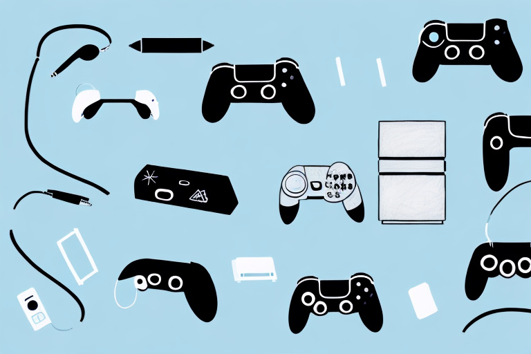 A gaming console with a selection of gaming accessories