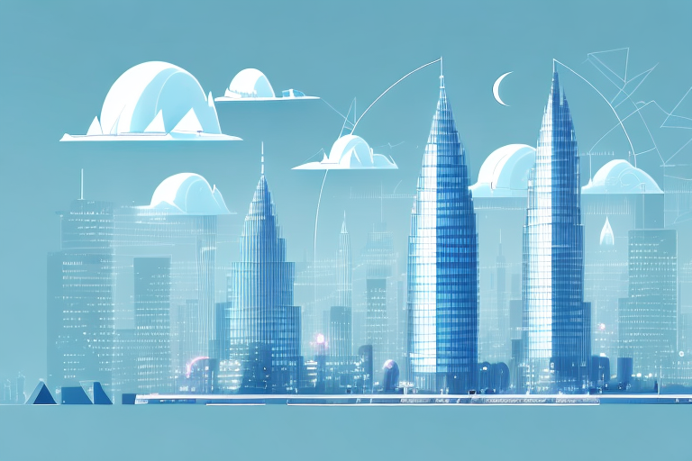 A futuristic cityscape with a large skyscraper in the center