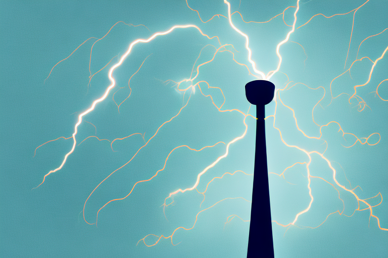 A telecommunications tower with a lightning bolt striking it