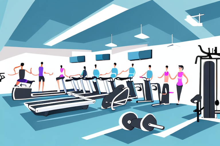 A fitness center or health club with equipment and people exercising