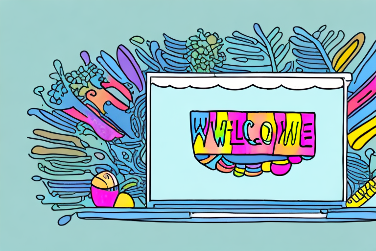 A colorful online retail store with a "welcome" sign in the window