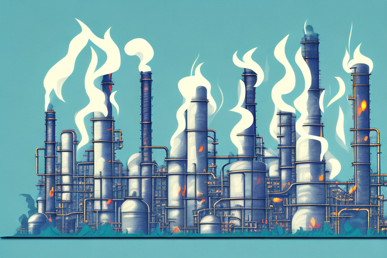 A refinery with smoke and flames rising from the towers