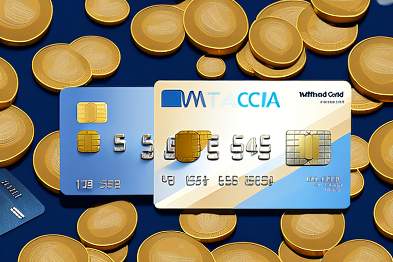 A credit card with a gold-colored background and a stack of coins in the foreground