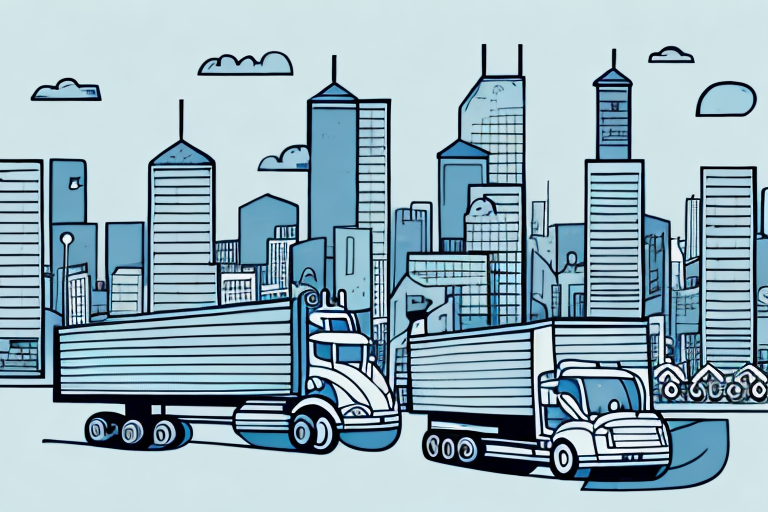 A freight truck driving through a cityscape