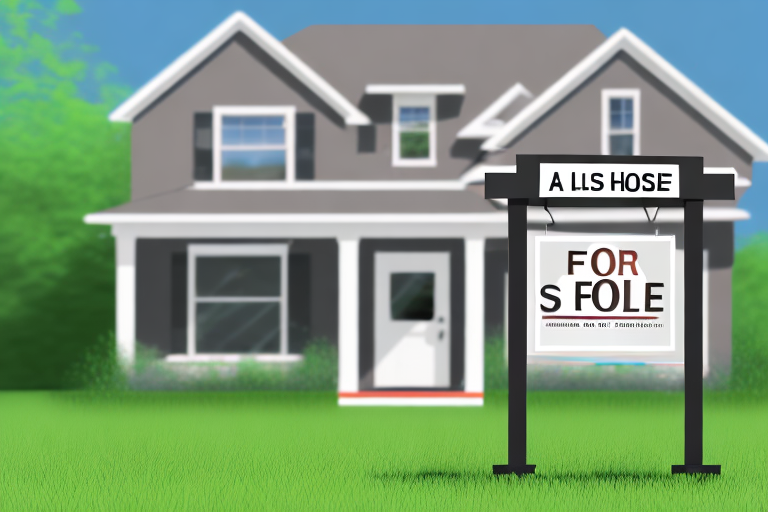 A house with a 'for sale' sign in the front yard