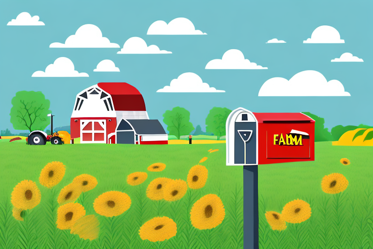 A farm with a variety of crops and a mailbox in the foreground