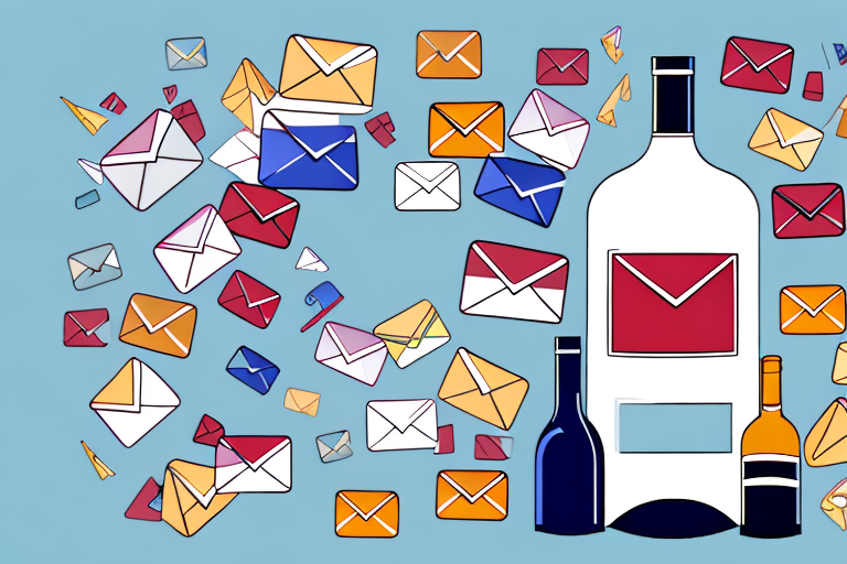 A bottle of wine and a glass of spirits with a background of colorful email icons