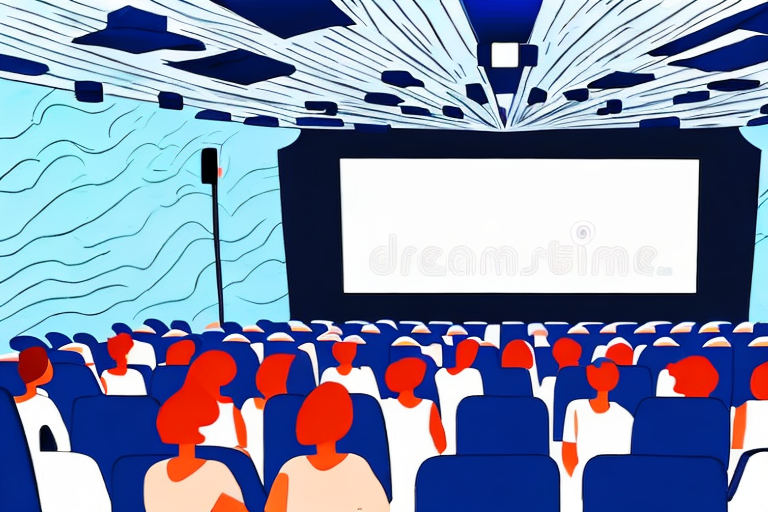 A movie theater with a large movie screen and a projector