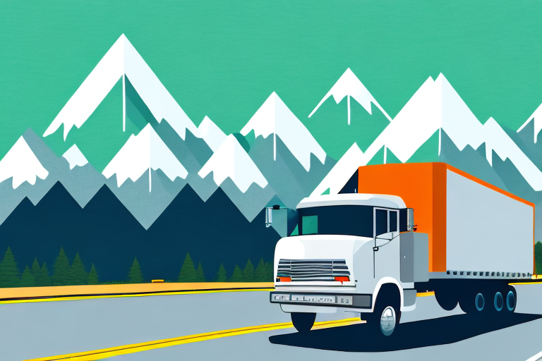 A truck driving along a highway with mountains in the background