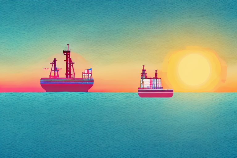 A cargo ship sailing through a vast ocean with a colorful sunset in the background