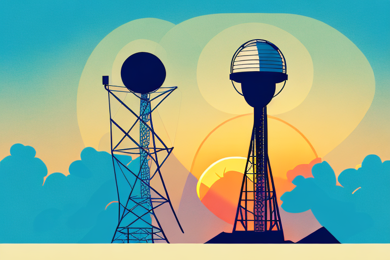 A radio tower with a sunset in the background