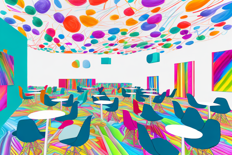 A colorful event space with decorations and furniture