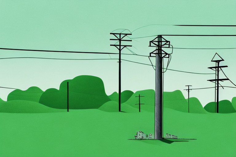 A green landscape with a telephone pole in the foreground