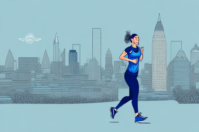A person running in athletic apparel with a city skyline in the background