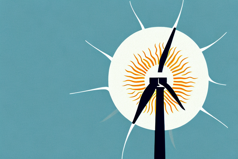 A wind turbine with a sun in the background