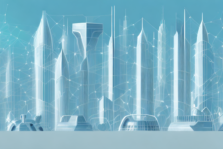 A futuristic city skyline with a network of interconnected buildings and towers