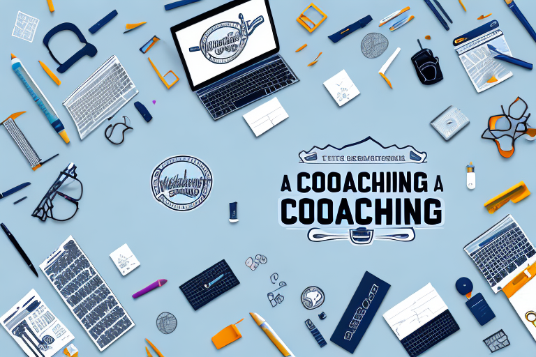 A coaching business logo surrounded by a variety of marketing materials and tools