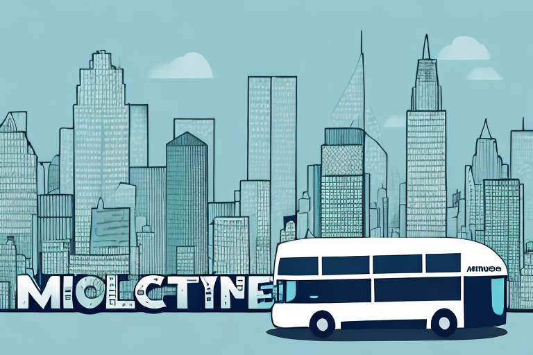 A city skyline with a bus driving by