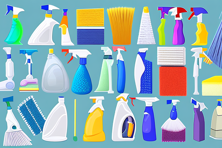 A colorful and detailed cleaning supplies shelf