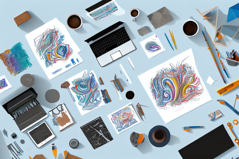 A creative workspace with a variety of tools and materials used for print advertising