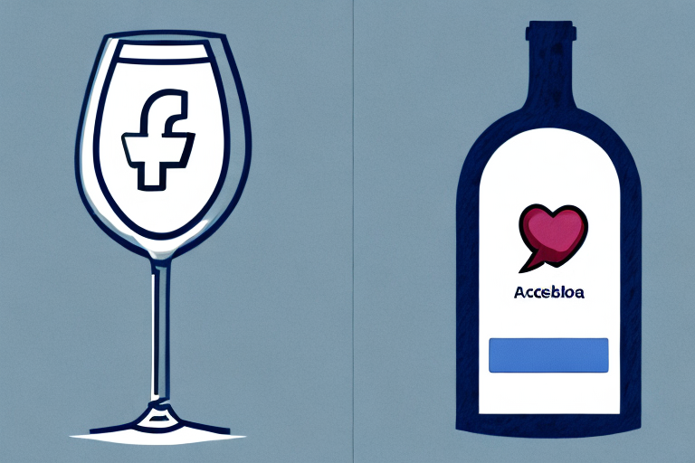 A wine glass and bottle with a facebook logo in the background