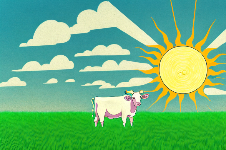 A cow in a field of grass with a sun in the sky