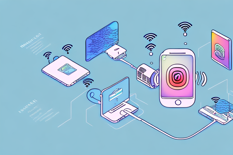 A wireless device connected to the internet with a background of instagram posts
