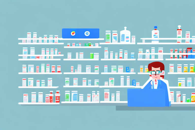 A pharmacy store with shelves of pharmaceuticals and a laptop open to the google my business page