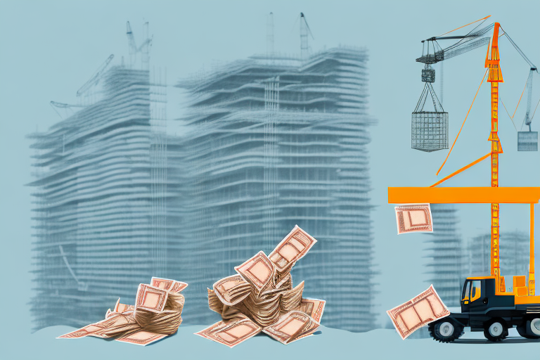 A construction site with a crane and a large stack of money in the foreground