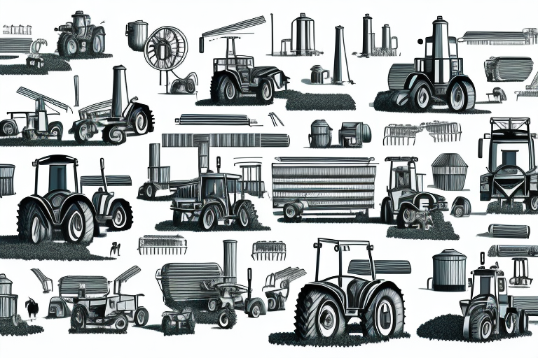 A farm with a variety of machinery and equipment