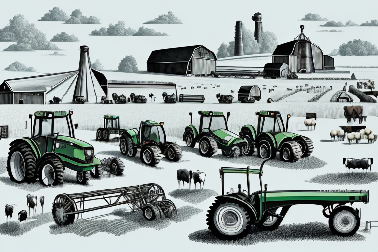 A farm with a variety of farm machinery and equipment in the foreground