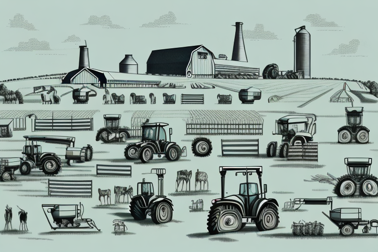 A farm with a variety of machinery and equipment in the foreground