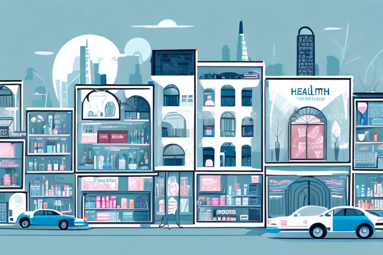 A health and beauty products store in a cityscape