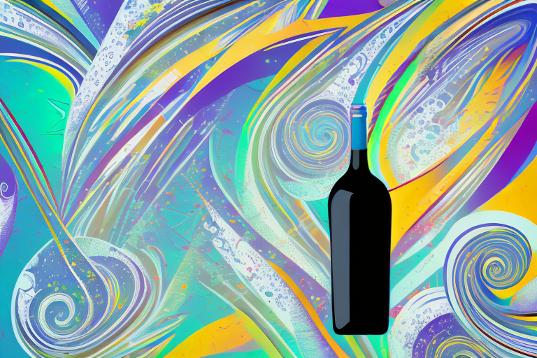 A wine bottle and glass with a background of swirling colors