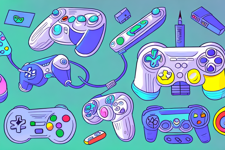 A video game controller with a colorful background of game characters and elements